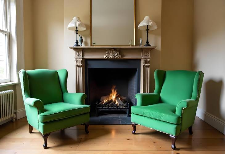 Vintage Green Armchairs by the Fireplace  A Cozy Interior Scene